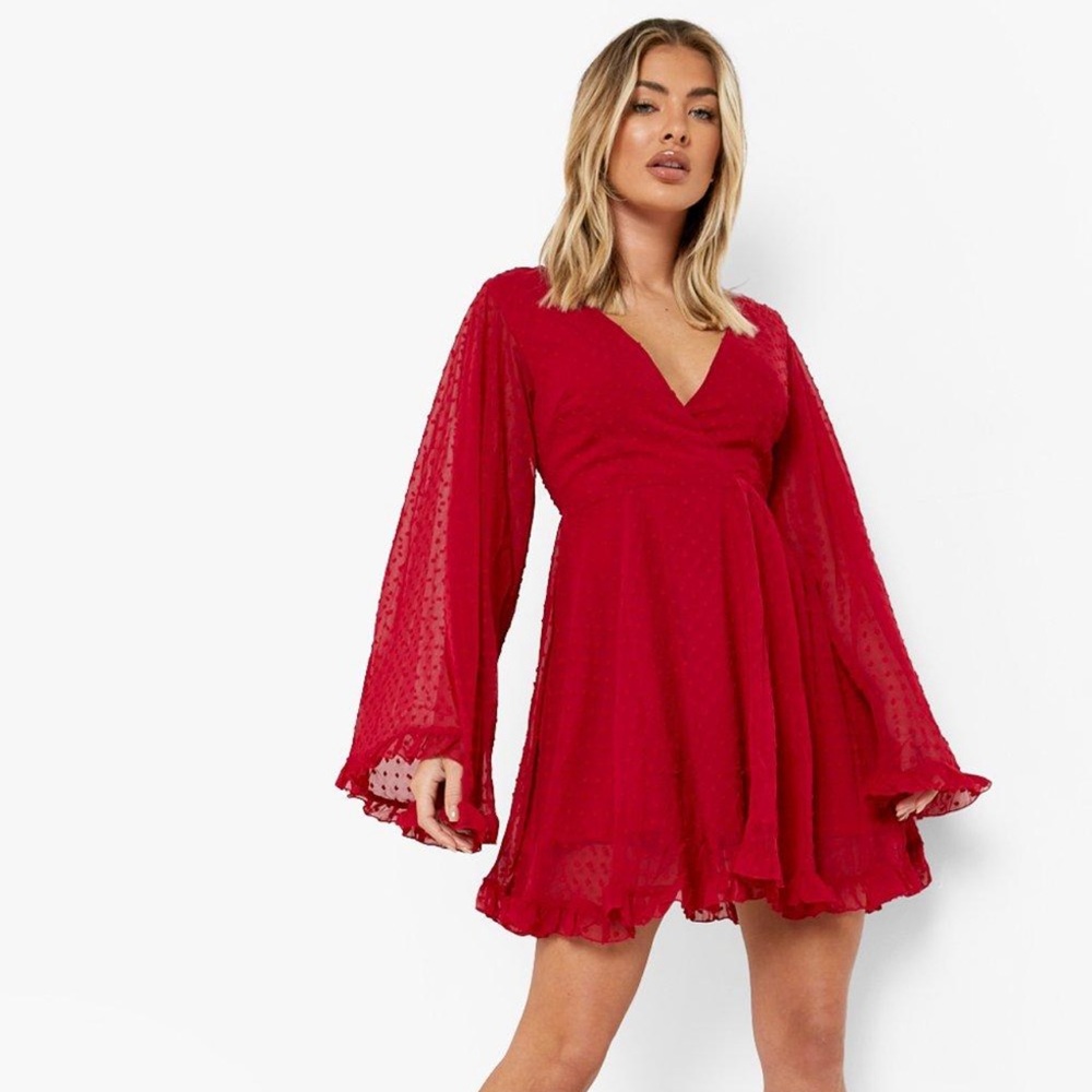 Red Chiffon Wide Sleeve Skater Dress